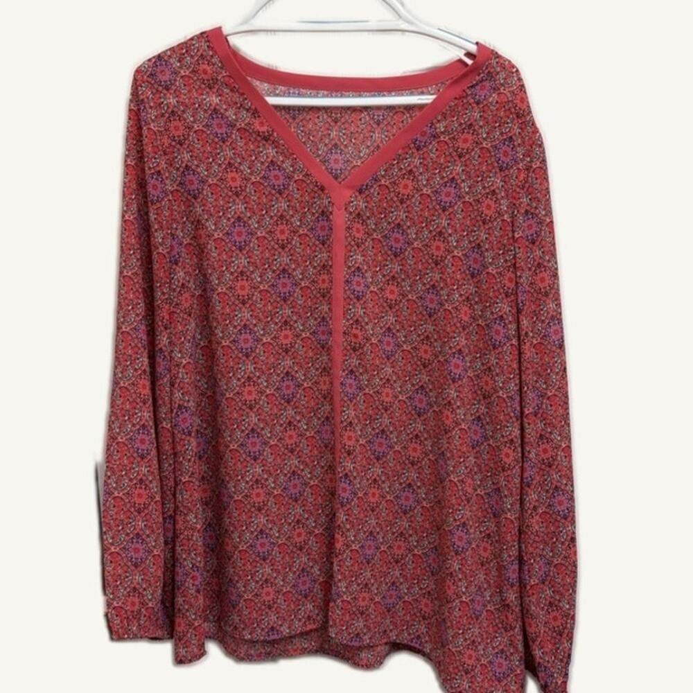 Women's XL Pink Purple Geometric V-Neck Blouse - Long Sleeve, Curved Hem